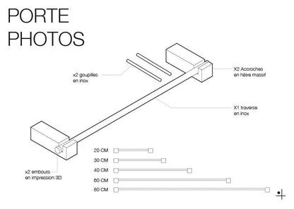 Porte photos mural en bois - Porte affiches et porte cartes - Barre métallique - Quark